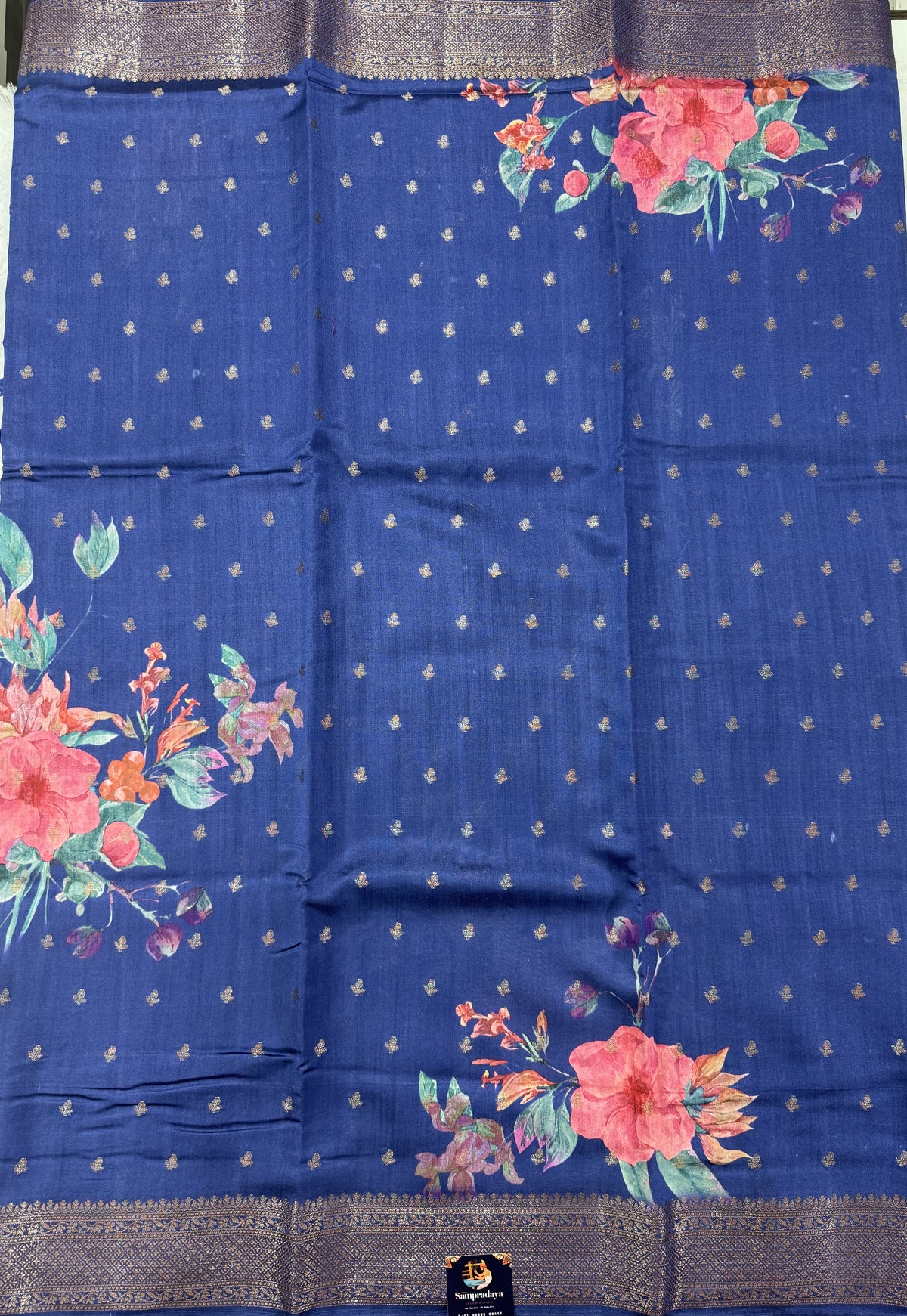 Pure Chiniya Silk Saree Navy Blue Colored Elegantly Paired with a Gold Zari Border.