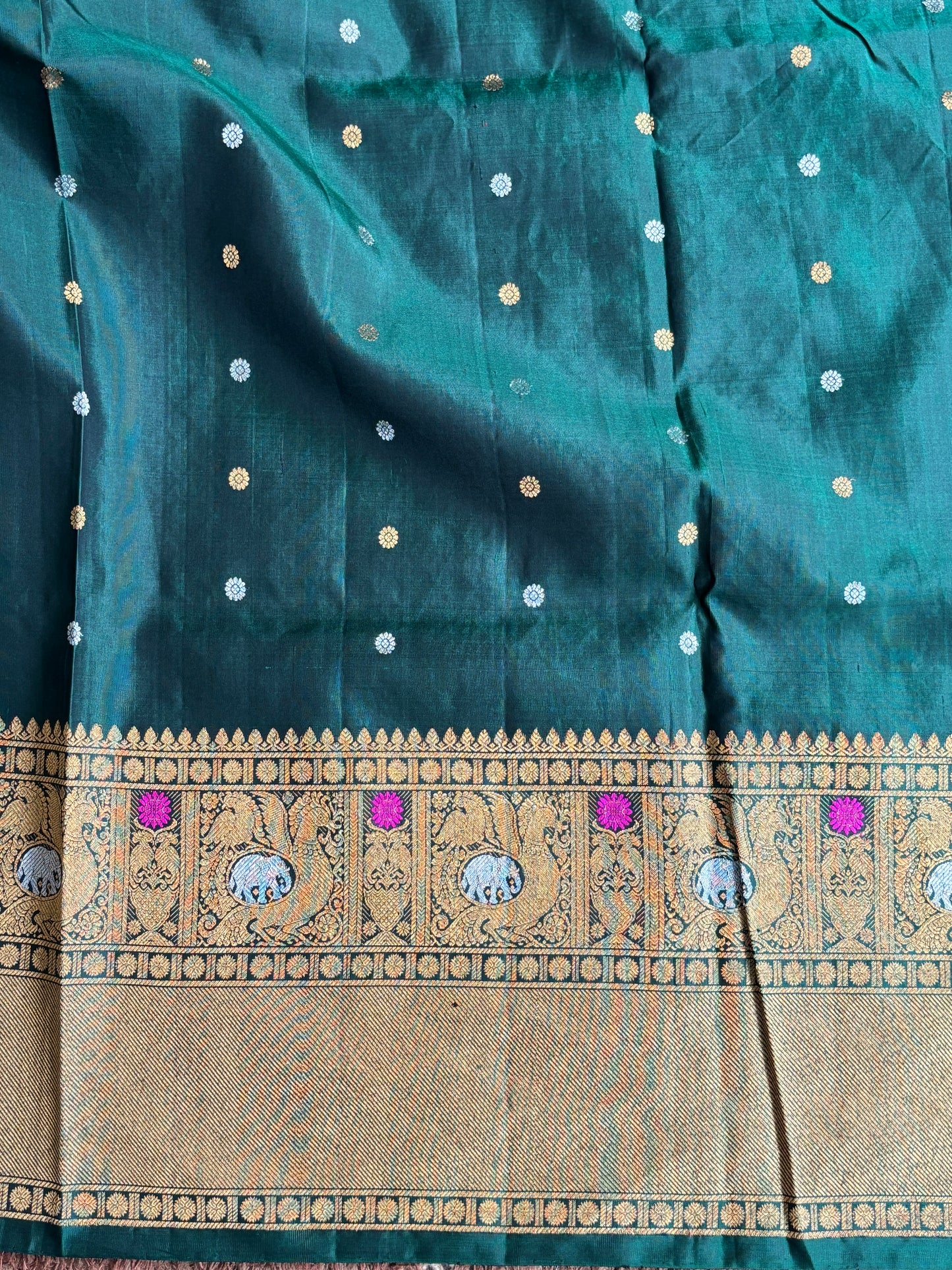 Gadwal Silk Saree Dark Bottle Green Colored Complemented With a Zari Border. - Sampradaya Designer Studio