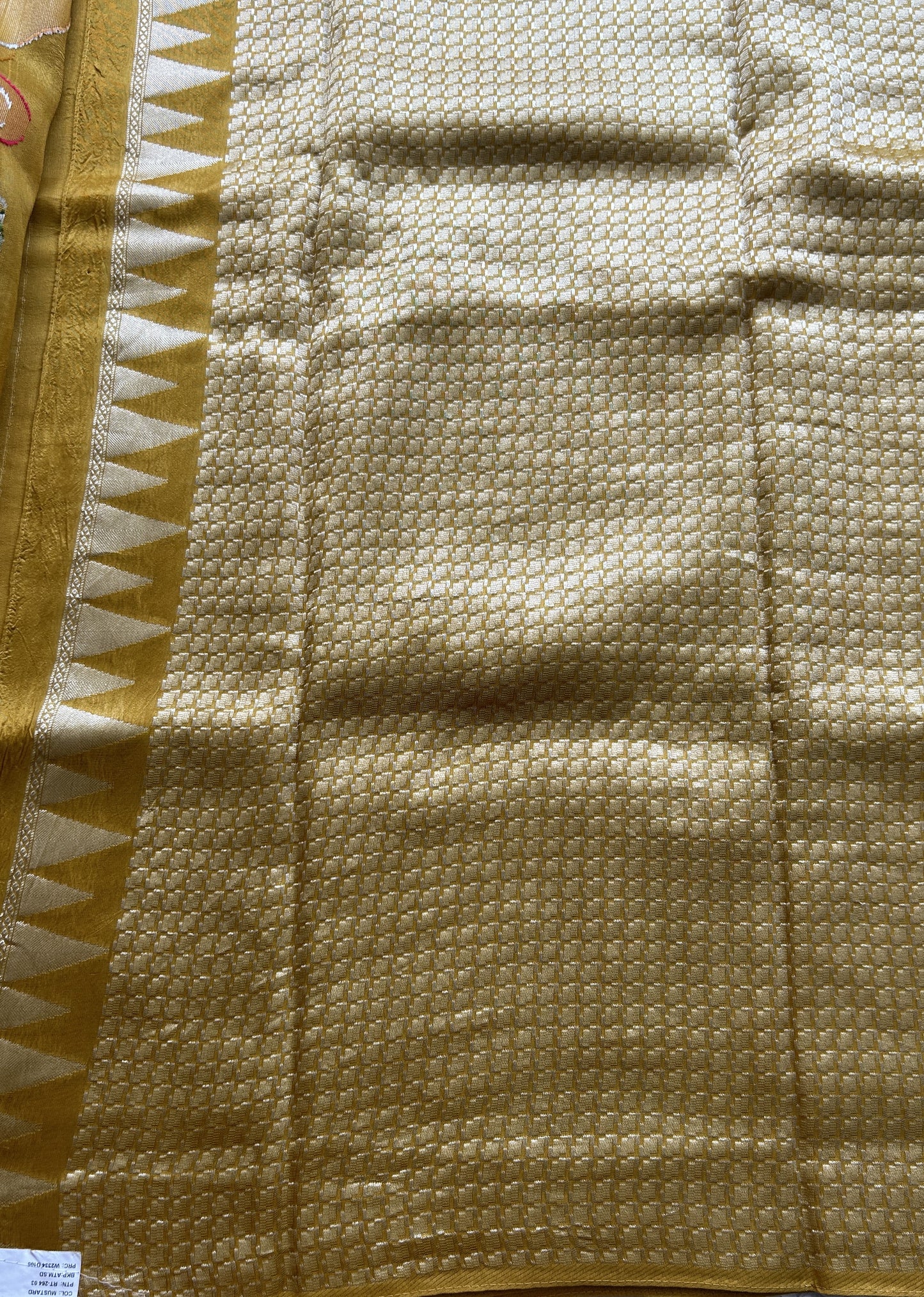 Banarasi Tussar Georgette Saree Yellow Colored Complemented with a Temple Border. - Sampradaya Designer Studio