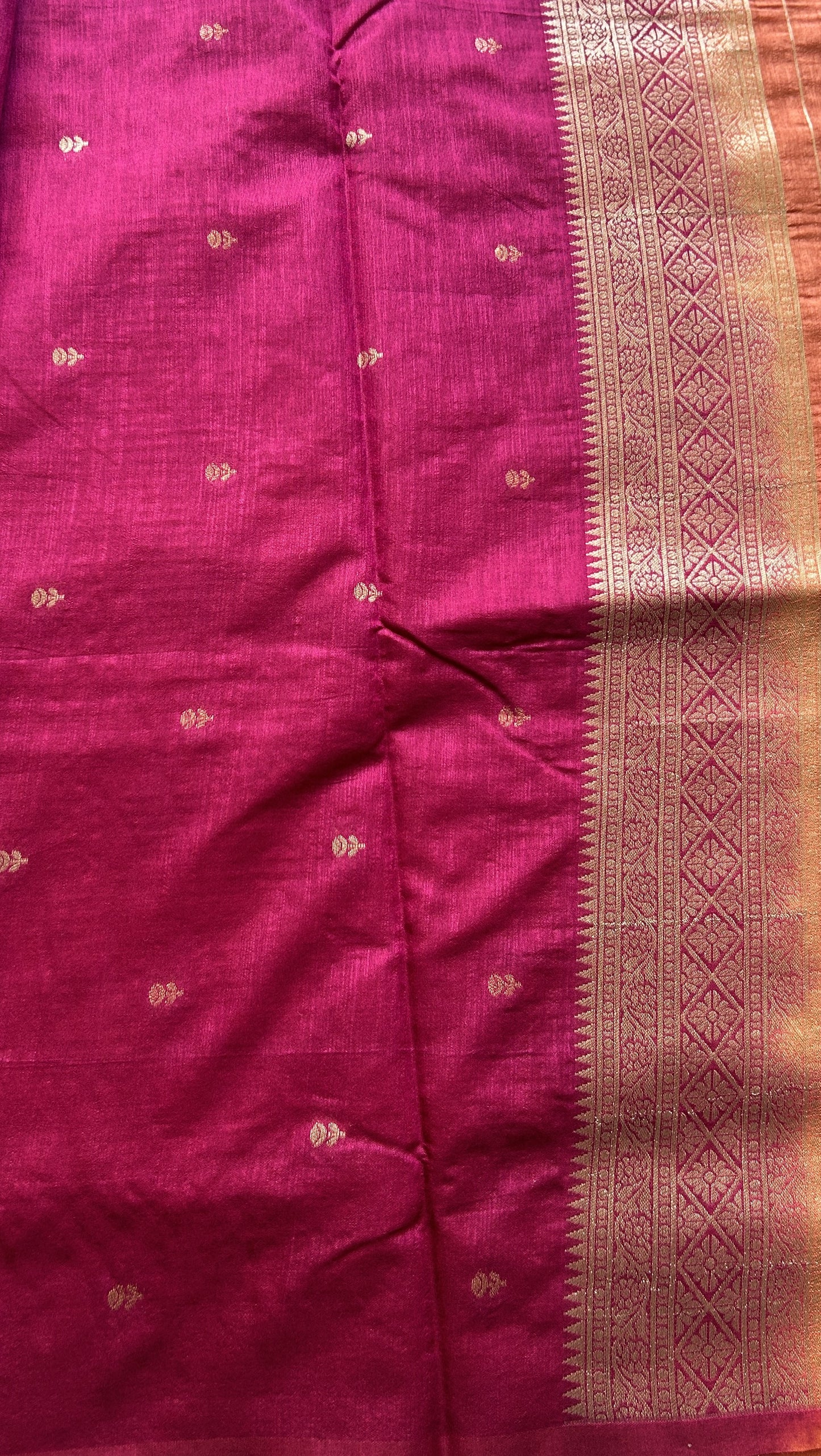 Semi Raw Silk Saree Peach Colored Elegantly Paired with a Zari Border. - Sampradaya Designer Studio