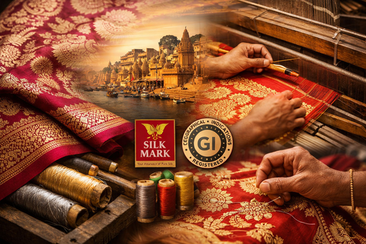 Banarasi silk saree with intricate gold brocade weaving on a handloom in Varanasi, showcasing zari detail and traditional craftsmanship.