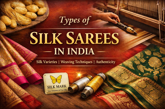 Types of silk sarees in India showing weaving process, silk cocoons, zari threads, and traditional saree designs