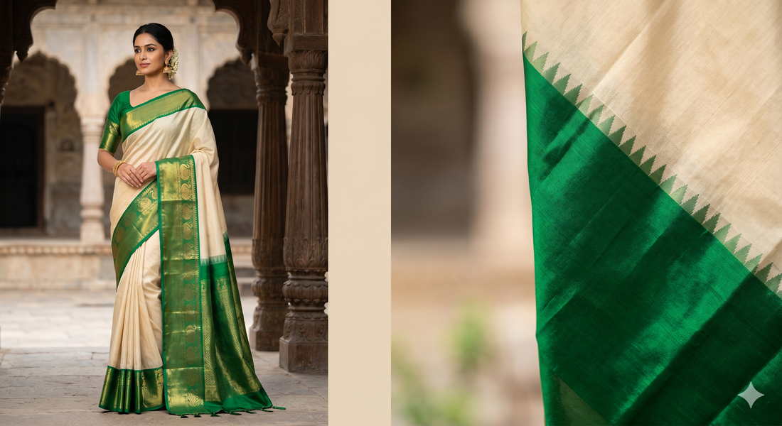 Full-length traditional Gadwal Silk Saree showcasing the contrast between the cotton body and silk border.