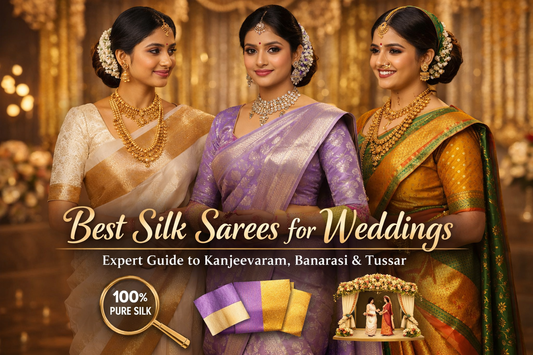 Best silk sarees for weddings featuring Kanjeevaram, Banarasi and Tussar bridal sarees with traditional Indian styling and zari work