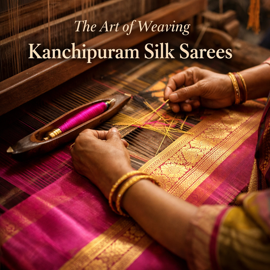 Handloom artisan weaving a traditional Kanchipuram silk saree using the korvai technique on a wooden loom