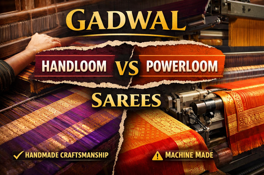 Gadwal handloom vs powerloom sarees comparison showing manual weaving vs machine weaving differences