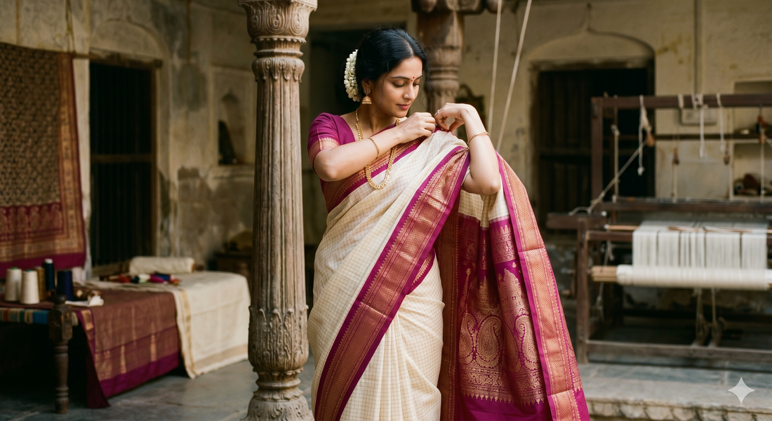 A traditional handwoven Gadwal Sico saree showcasing the historical fusion of a cotton body and rich mulberry silk borders.
