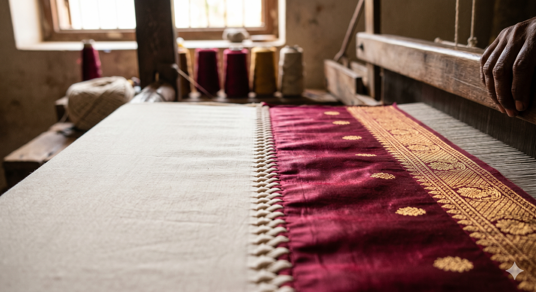 Macro close-up of the Kuttu interlocking joint on an authentic handloom Gadwal saree, visualising the fusion of matte cotton body and lustrous gold zari silk border