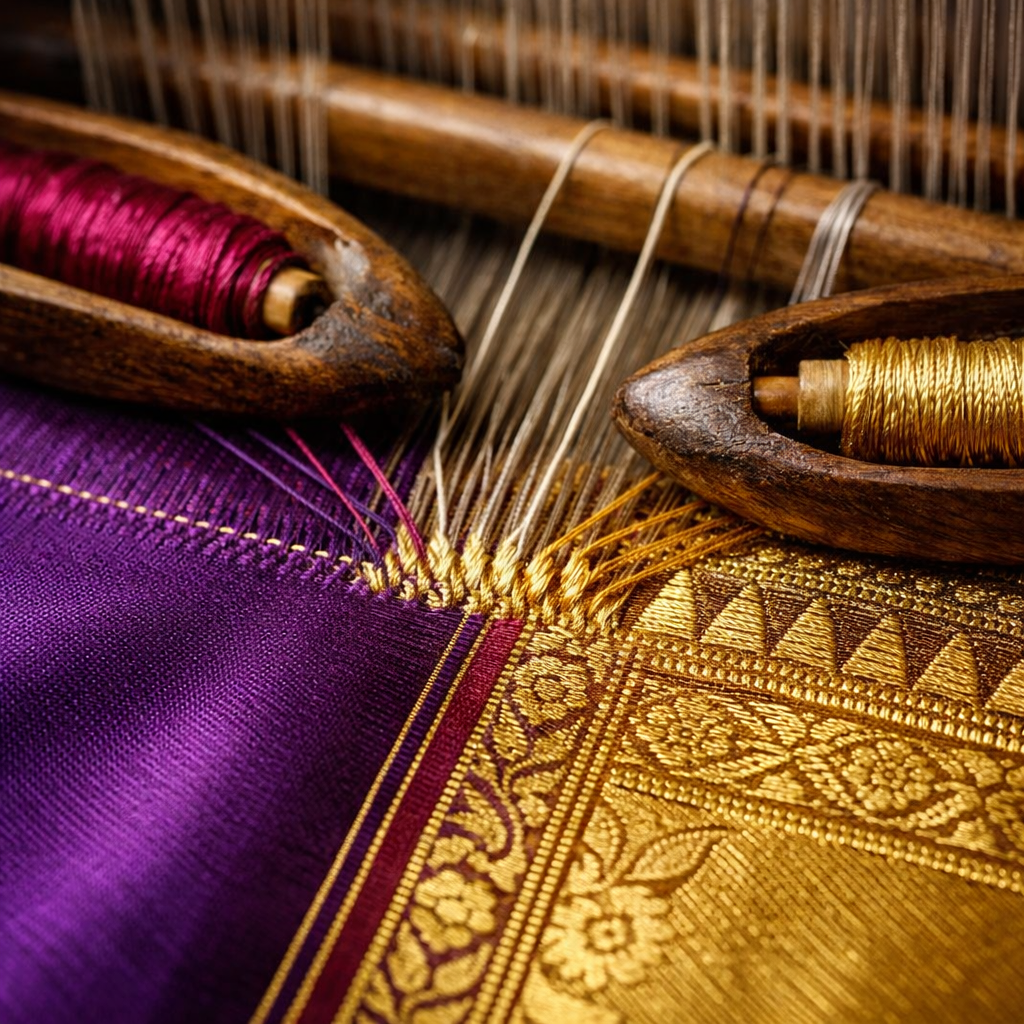 A technical diagram of the Gadwal Kupadam (Kuttu) weaving technique showing the hand-interlocked temple border join and three-shuttle silk construction.