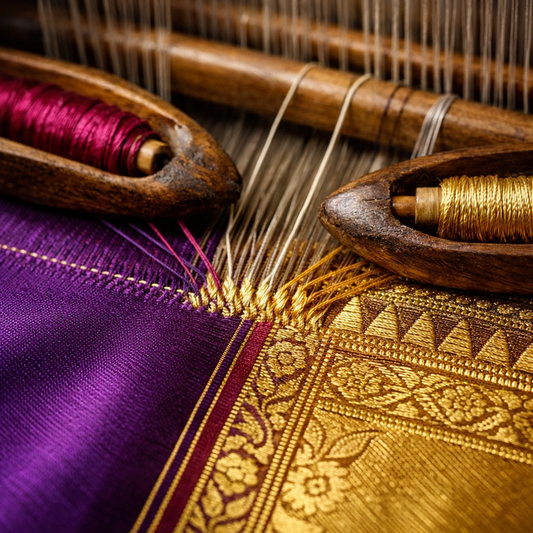 A technical diagram of the Gadwal Kupadam (Kuttu) weaving technique showing the hand-interlocked temple border join and three-shuttle silk construction.