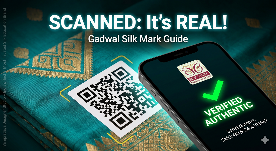 The phone screen clearly displays a prominent green checkmark with 'VERIFIED AUTHENTIC' text, the official 'Silk Mark Organisation of India' logo, and the specific serial number, confirming the saree's genuine handloom status