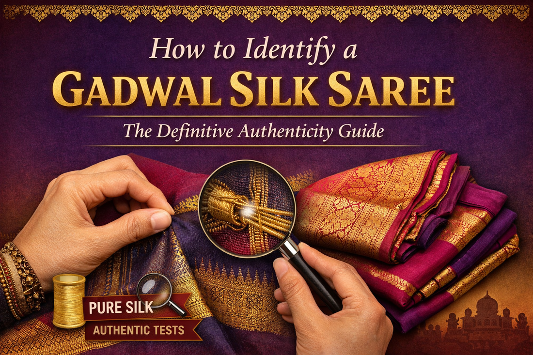How to identify a Gadwal silk saree showing Kuttu interlock joint, zari inspection, and handloom authenticity tests
