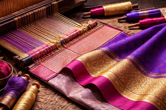 Traditional Kanchipuram silk saree weaving on handloom showing korvai border join and pure zari structure, illustrating authentic handloom craftsmanship and structural anatomy