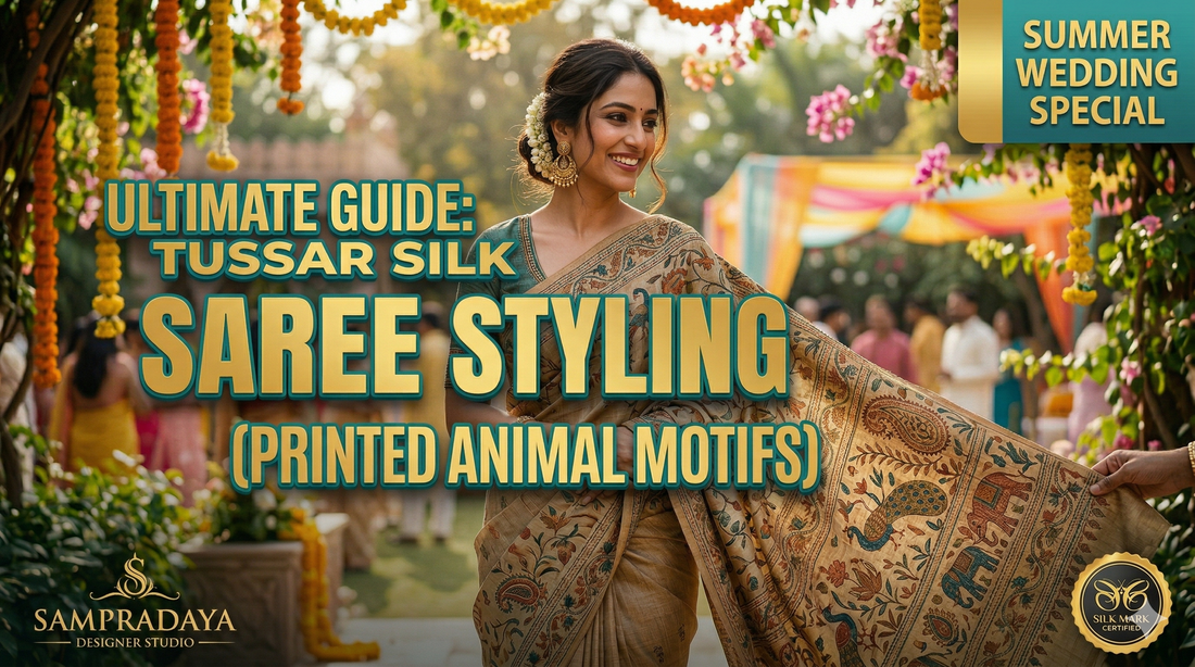 Ultimate Guide to Tussar Silk Saree Styling: A woman wearing a luxury hand-printed Tussar saree with animal motifs at a summer wedding, featuring the Sampradaya Designer Studio logo and Silk Mark Certified badge.