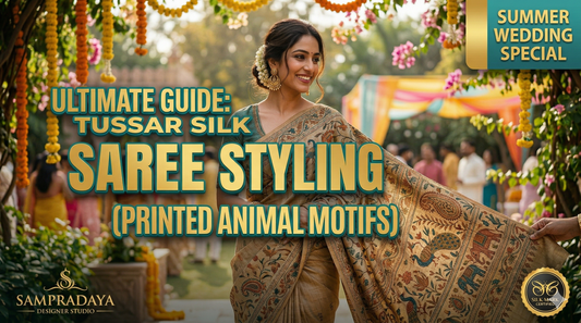 Ultimate Guide to Tussar Silk Saree Styling: A woman wearing a luxury hand-printed Tussar saree with animal motifs at a summer wedding, featuring the Sampradaya Designer Studio logo and Silk Mark Certified badge.