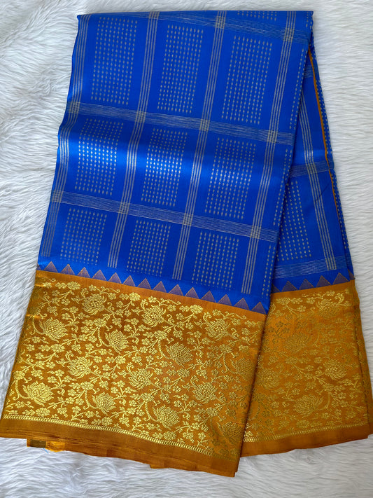 Venkatagiri Pattu Saree Bright Blue Colored Complemented With a Pattu Dark Yellow Color Border - Sampradaya Designer Studio