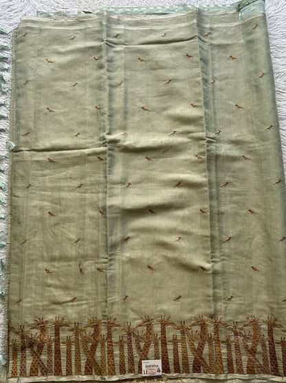 Tissue Organza Designer Saree Sage colored Saree Paired with a Thread border. - Sampradaya Designer Studio