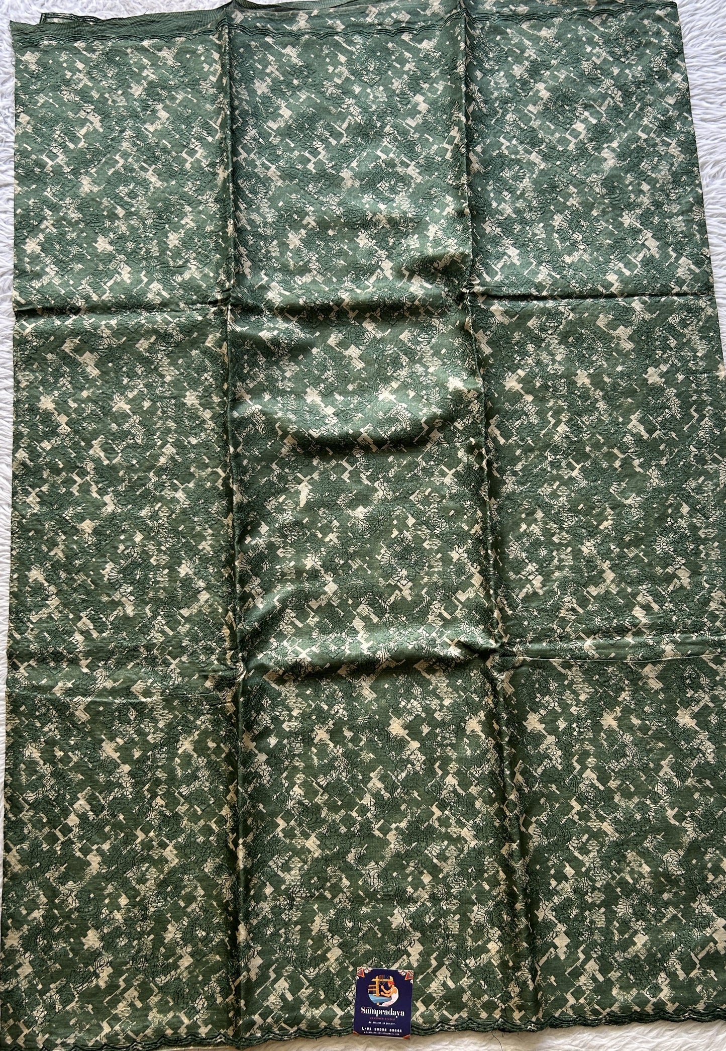 Pure Tussar Silk Saree Green Color Complemented with a Borderless. - Sampradaya Designer Studio