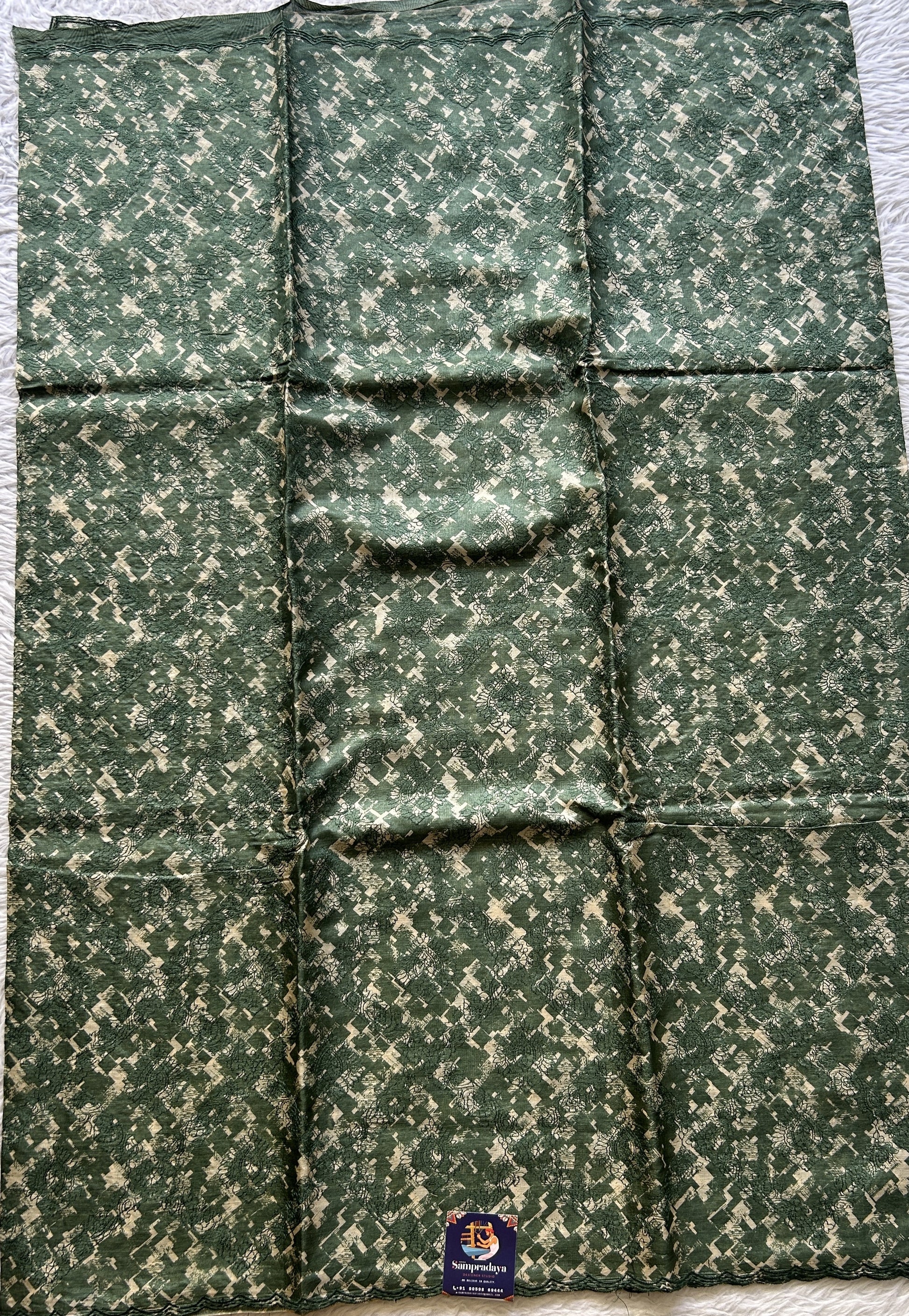 Pure Tussar Silk Saree Green Color Complemented with a Borderless. - Sampradaya Designer Studio