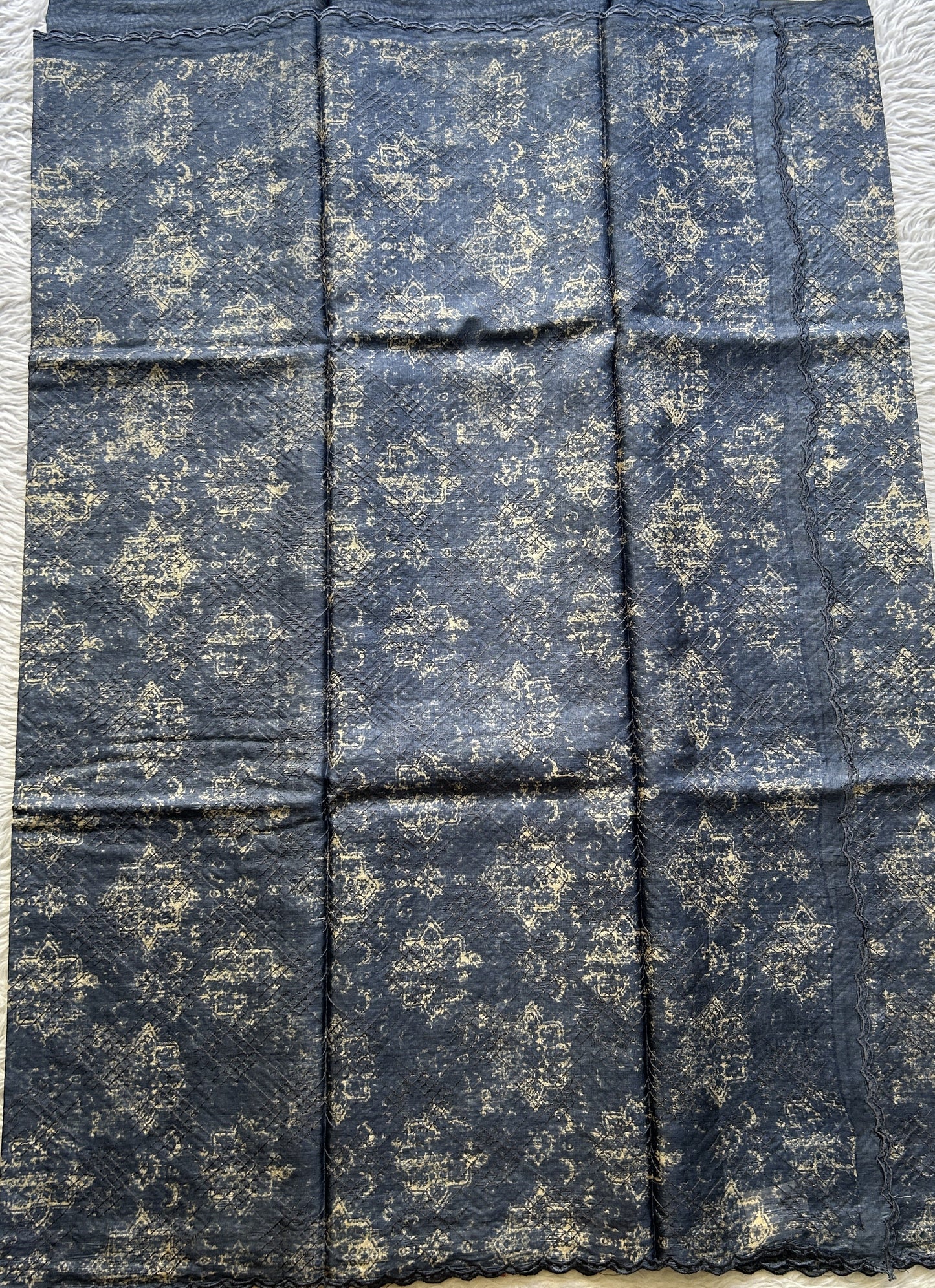 Pure Tussar Silk Saree Navy Blue Color Complemented with a Borderless. - Sampradaya Designer Studio