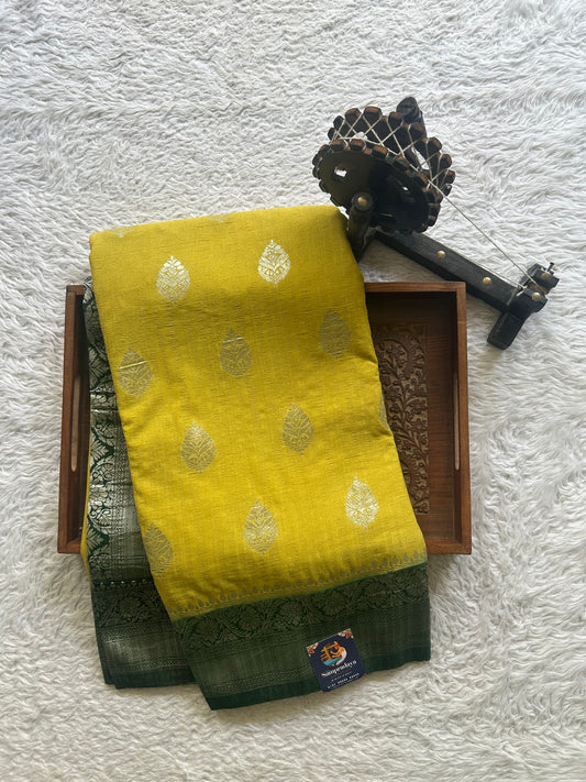 Semi Georgette Saree Lemon Yellow Colored Elegantly Paired with a Zari Border. - Sampradaya Designer Studio