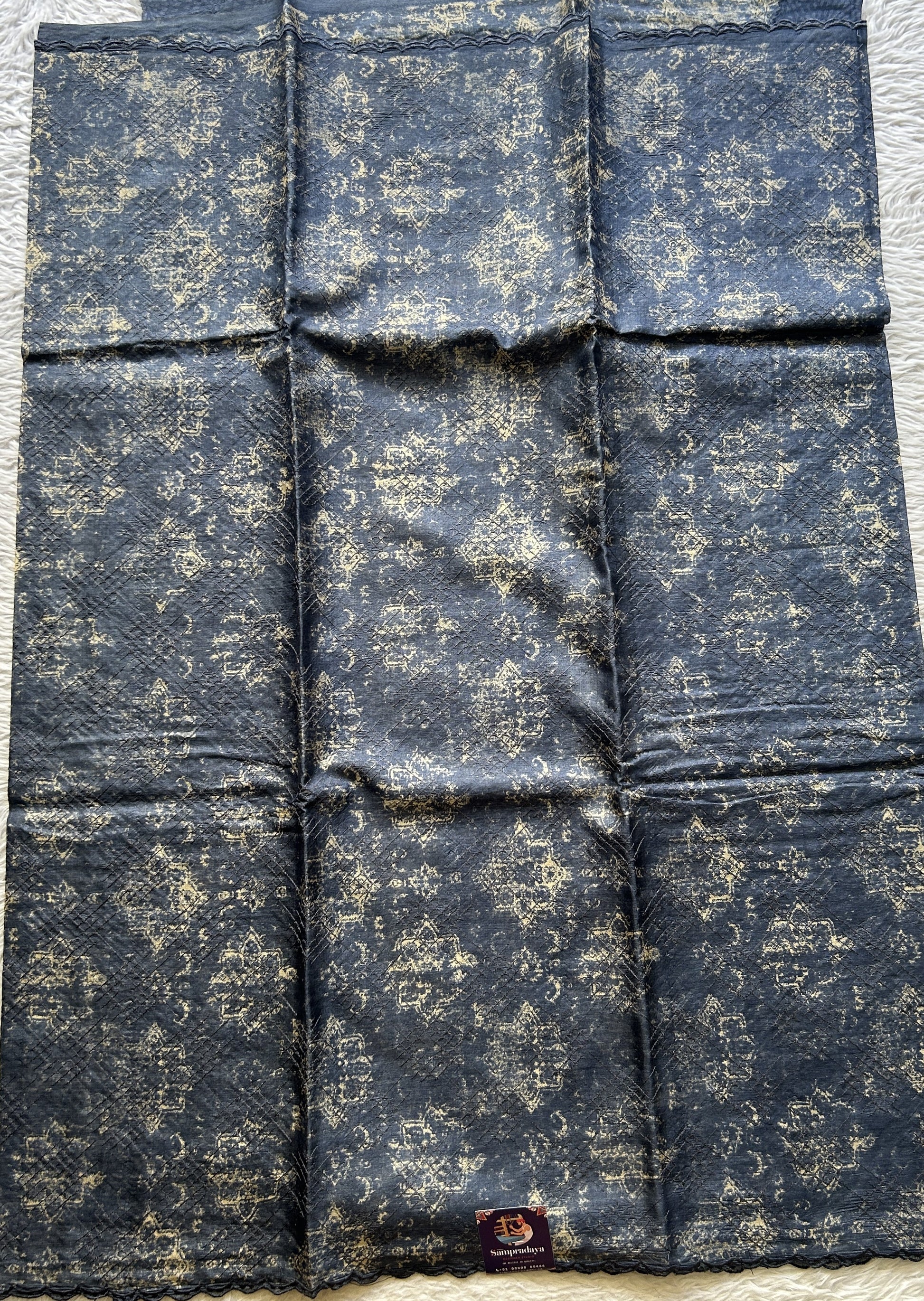 Pure Tussar Silk Saree Navy Blue Color Complemented with a Borderless. - Sampradaya Designer Studio