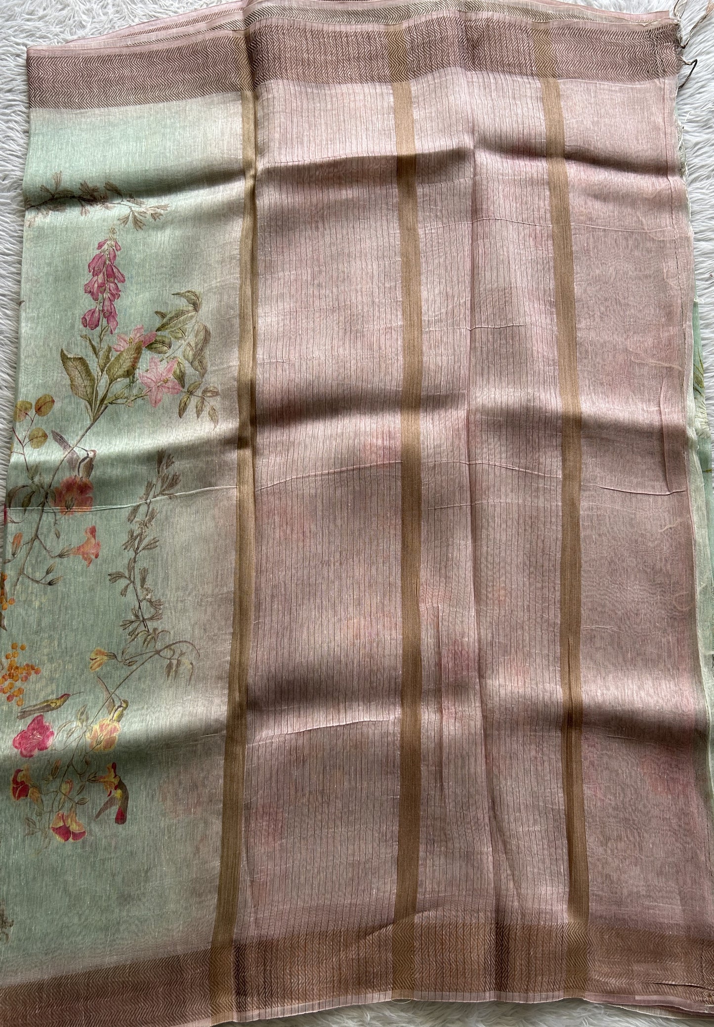 Pure Linen Saree Light Sea Blue Colored Complemented with a Zari Border. - Sampradaya Designer Studio