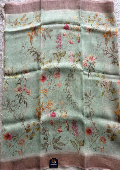 Pure Linen Saree Light Sea Blue Colored Complemented with a Zari Border. - Sampradaya Designer Studio