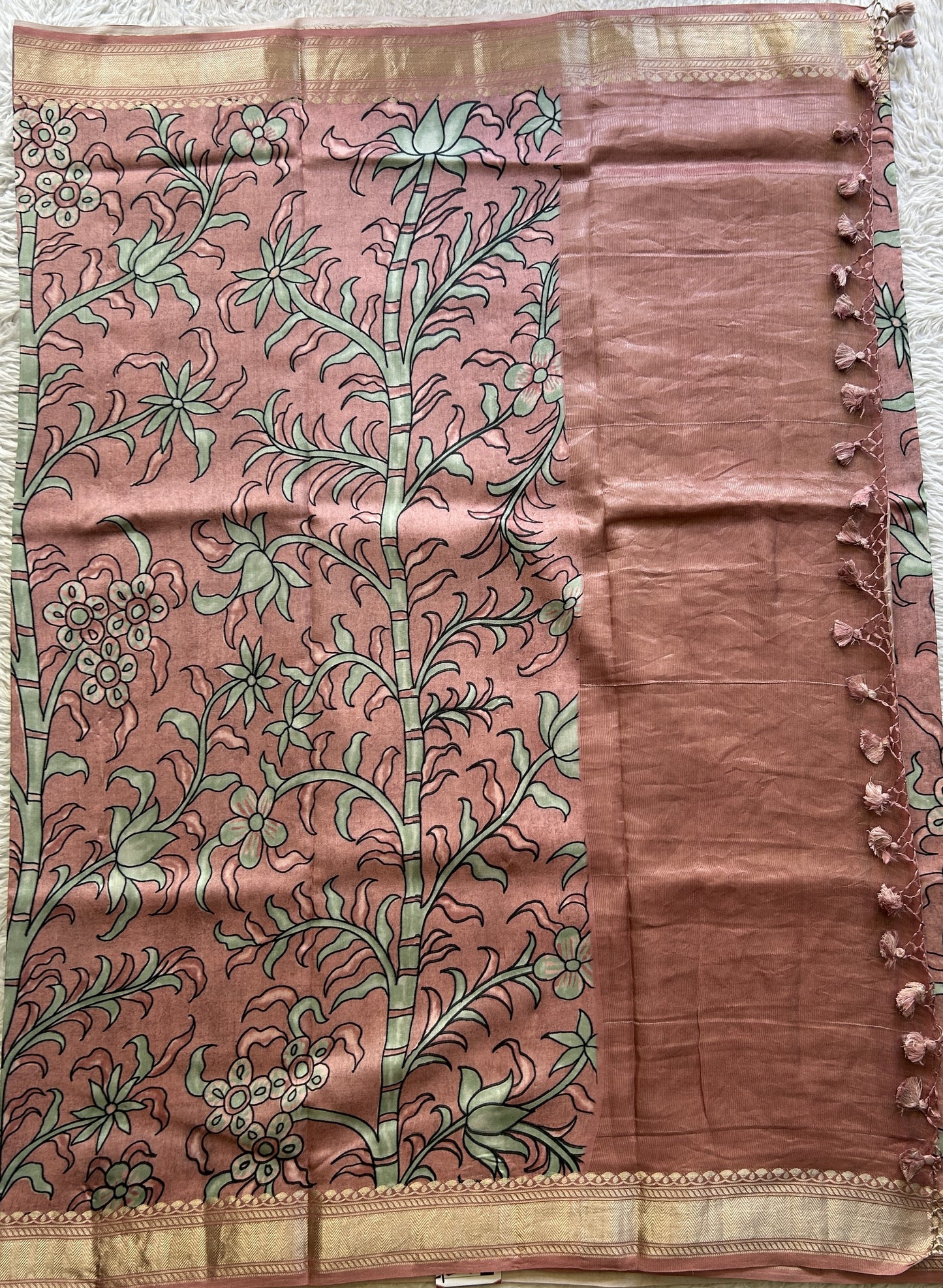 Chiniya Silk Saree Deep Peach Colored Elegantly Paired with a Zari Border. - Sampradaya Designer Studio