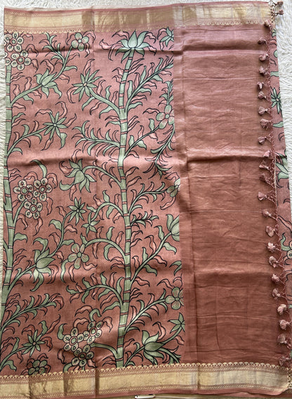 Chiniya Silk Saree Deep Peach Colored Elegantly Paired with a Zari Border. - Sampradaya Designer Studio