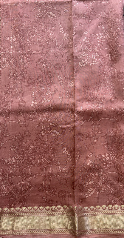 Chiniya Silk Saree Deep Peach Colored Elegantly Paired with a Zari Border. - Sampradaya Designer Studio