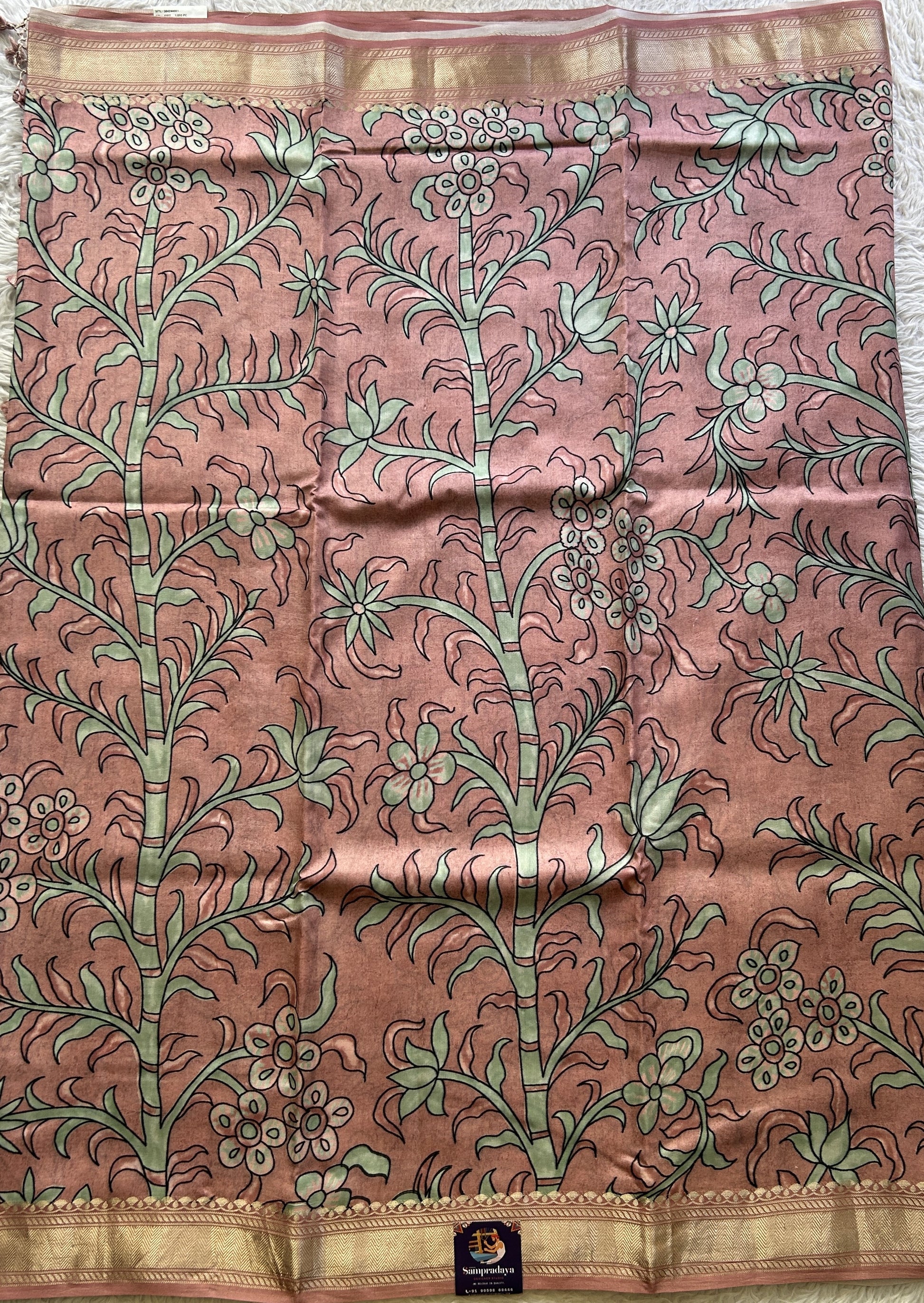 Chiniya Silk Saree Deep Peach Colored Elegantly Paired with a Zari Border. - Sampradaya Designer Studio