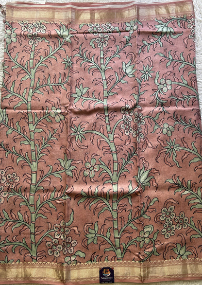 Chiniya Silk Saree Deep Peach Colored Elegantly Paired with a Zari Border. - Sampradaya Designer Studio