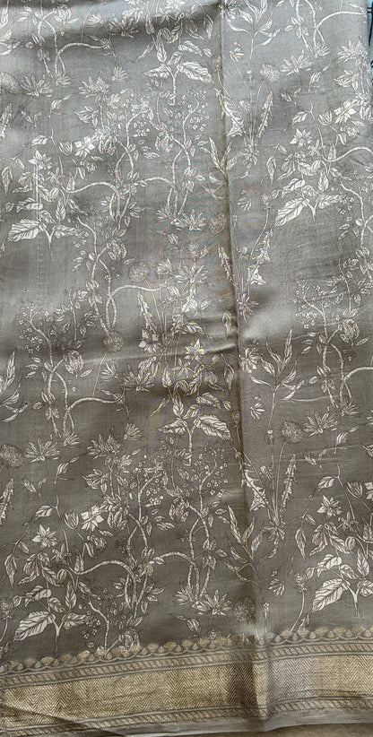 Chiniya Silk Saree Elephant Gray Colored Elegantly Paired with a Zari Border. - Sampradaya Designer Studio