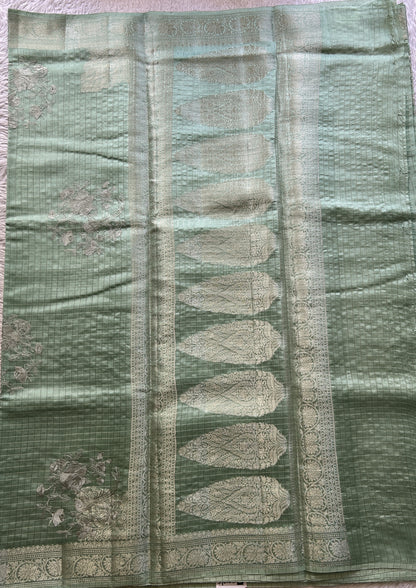 Chiniya Silk Saree Light Green Colored Elegantly Paired with a Zari Border. - Sampradaya Designer Studio