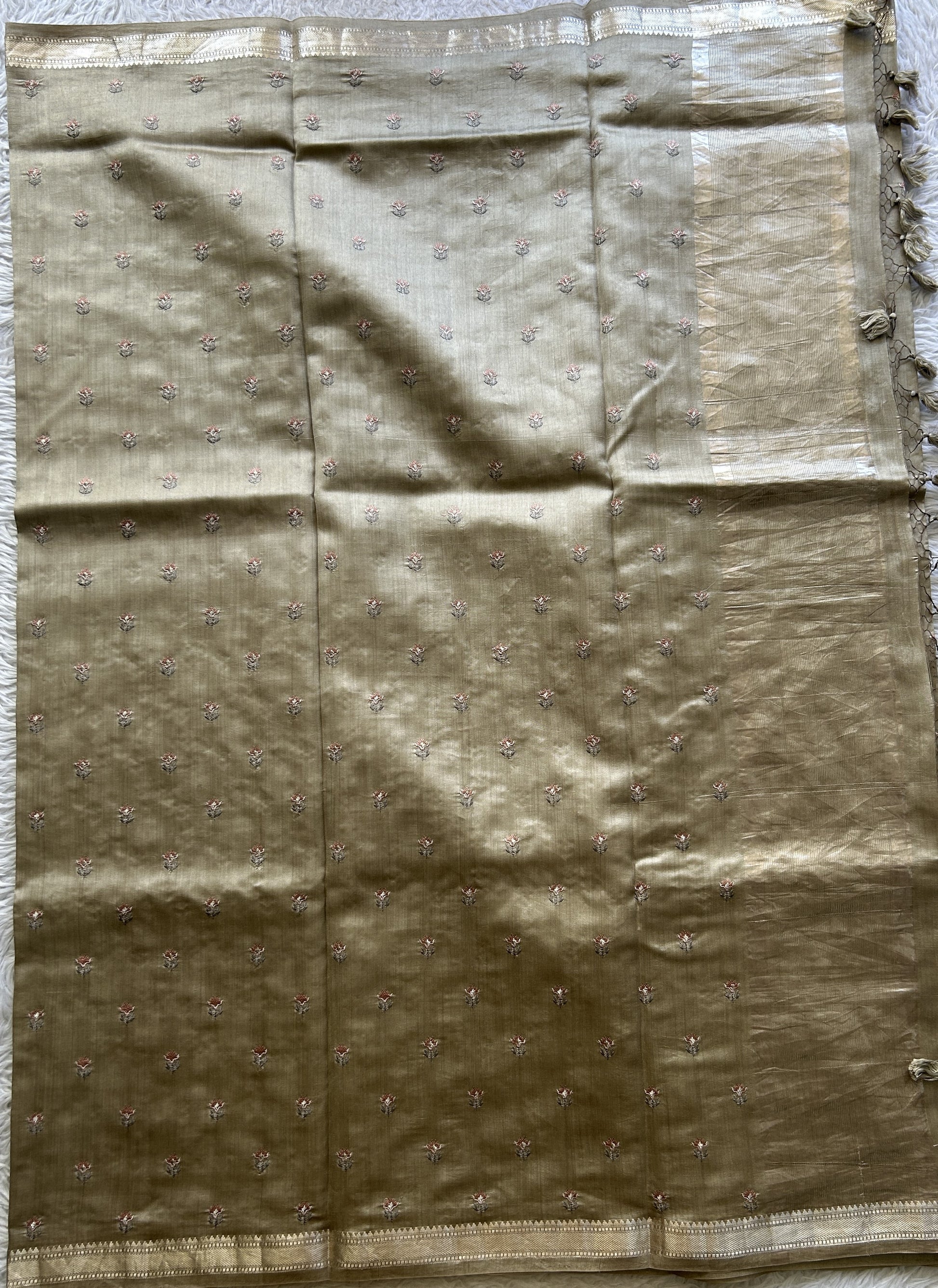 Chiniya Silk Saree Chikoo Colored Elegantly Paired with a Zari Border. - Sampradaya Designer Studio