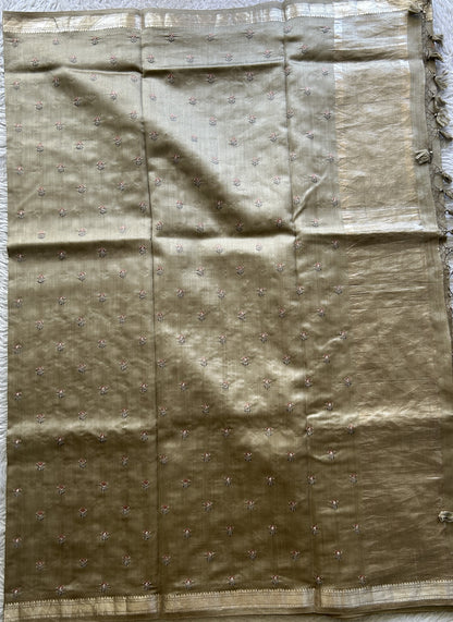 Chiniya Silk Saree Chikoo Colored Elegantly Paired with a Zari Border. - Sampradaya Designer Studio