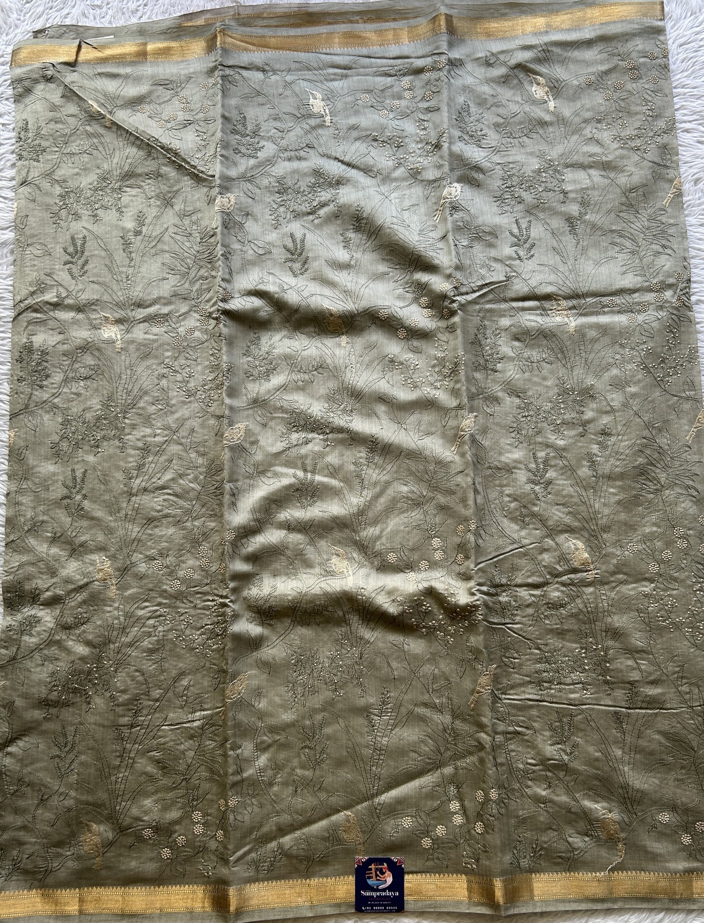 Chiniya Silk Saree Ash Colored Elegantly Paired with a Zari Border. - Sampradaya Designer Studio