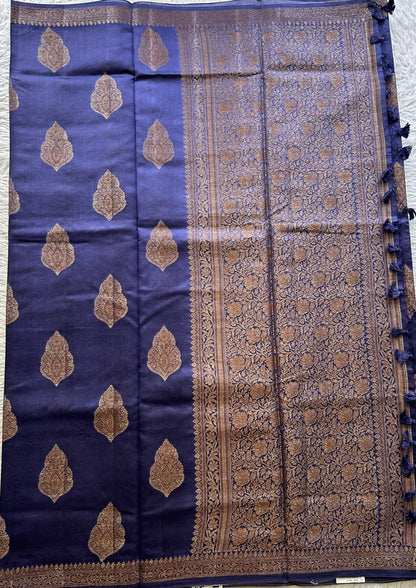 Chiniya Silk Saree Ink Blue Colored Elegantly Paired with a Zari Border. - Sampradaya Designer Studio