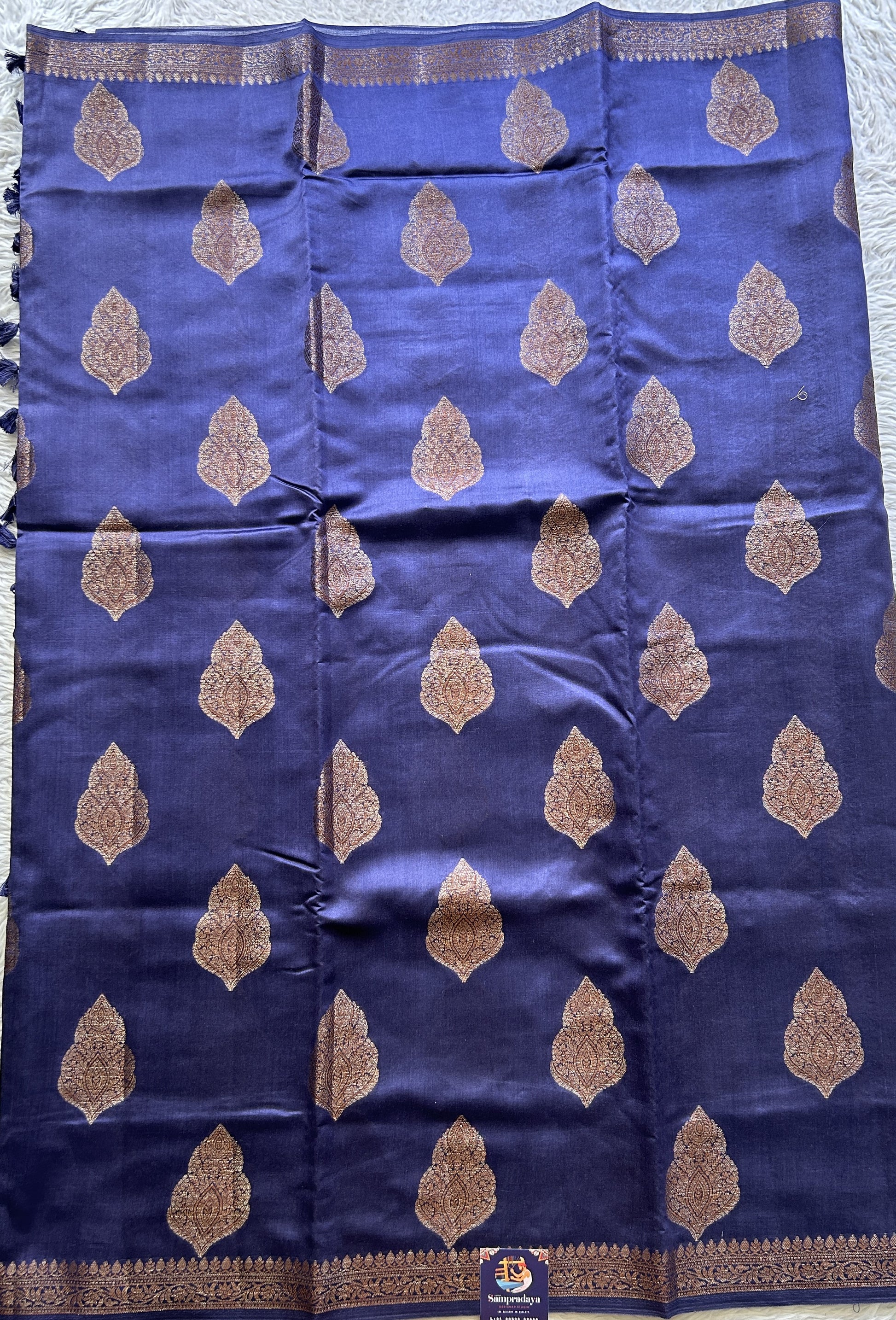Chiniya Silk Saree Ink Blue Colored Elegantly Paired with a Zari Border. - Sampradaya Designer Studio