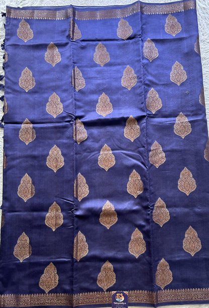 Chiniya Silk Saree Ink Blue Colored Elegantly Paired with a Zari Border. - Sampradaya Designer Studio