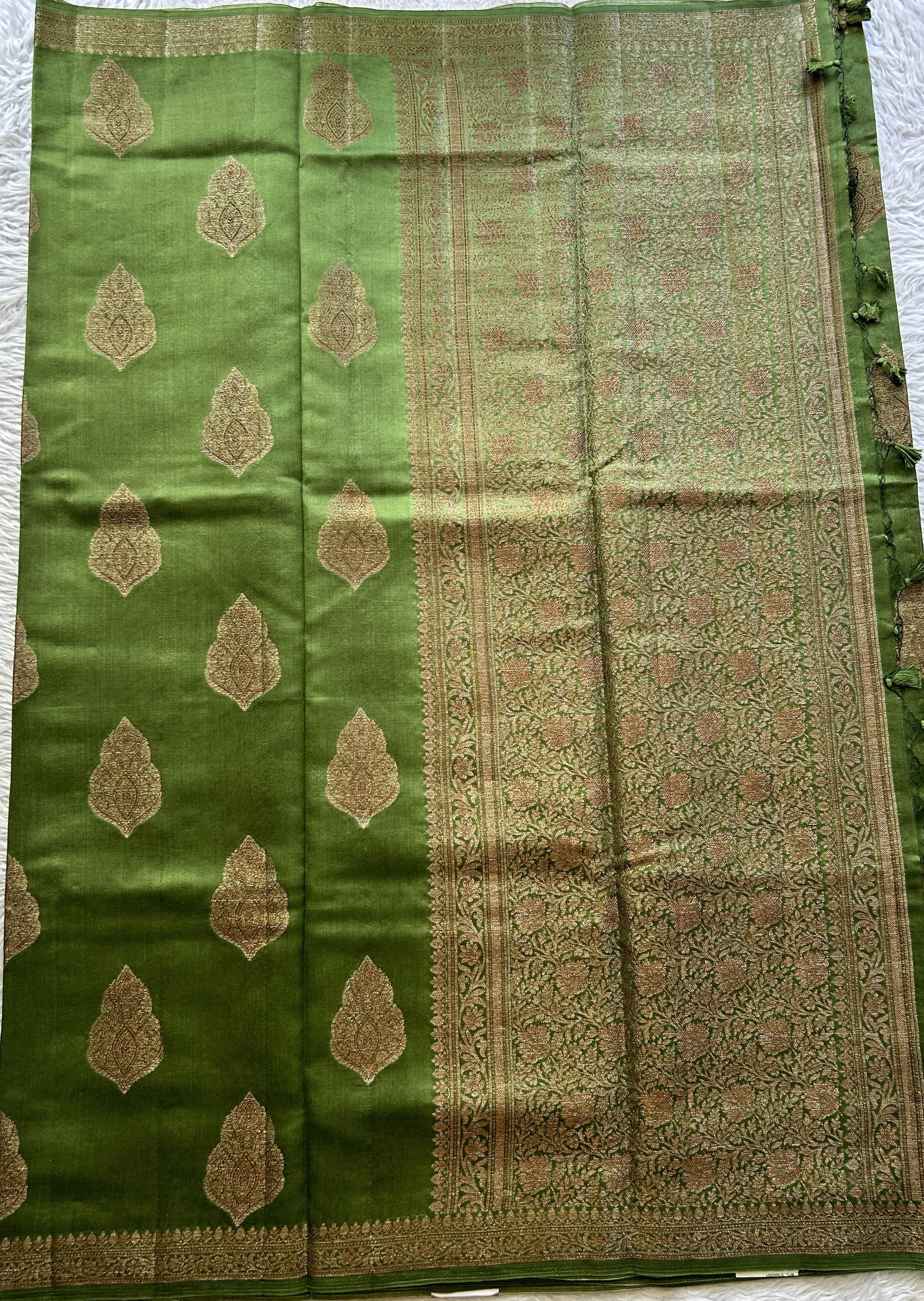 Chiniya Silk Saree Green Colored Elegantly Paired with a Zari Border. - Sampradaya Designer Studio