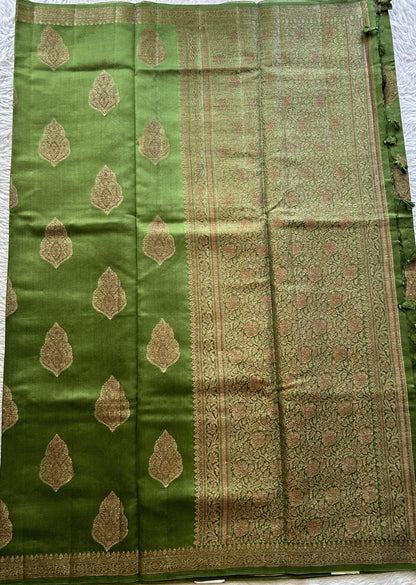 Chiniya Silk Saree Green Colored Elegantly Paired with a Zari Border. - Sampradaya Designer Studio