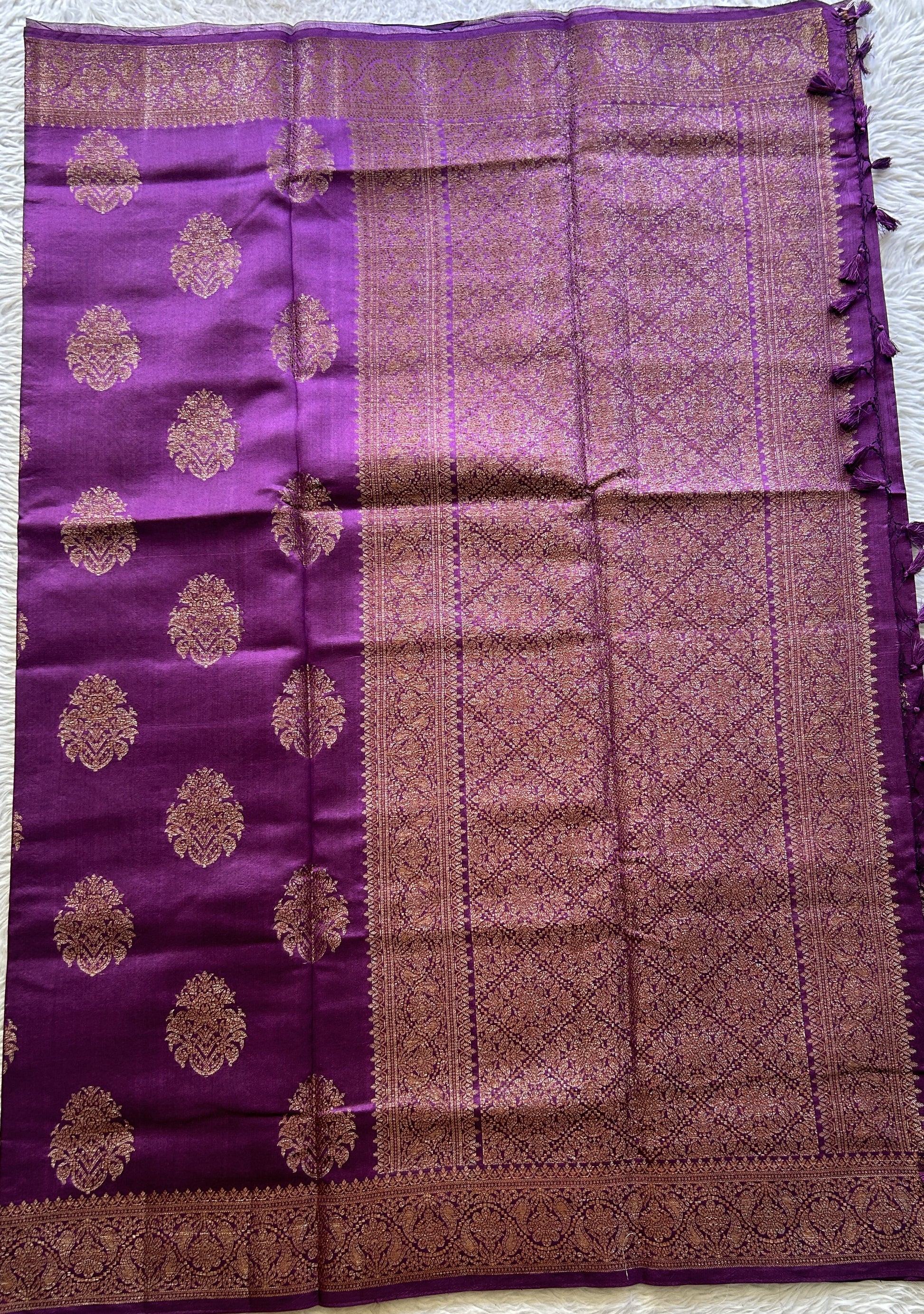 Chiniya Silk Saree Purple Colored Elegantly Paired with a Zari Border. - Sampradaya Designer Studio