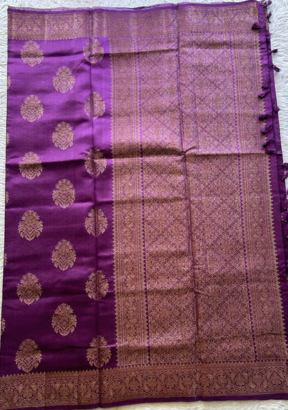 Chiniya Silk Saree Purple Colored Elegantly Paired with a Zari Border. - Sampradaya Designer Studio
