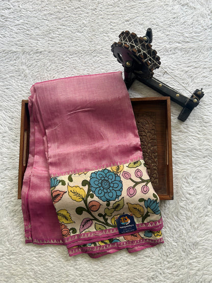 Mangalagiri Pen Kalamkari Saree Baby Pink colored complemented with a Zari border. - Sampradaya Designer Studio