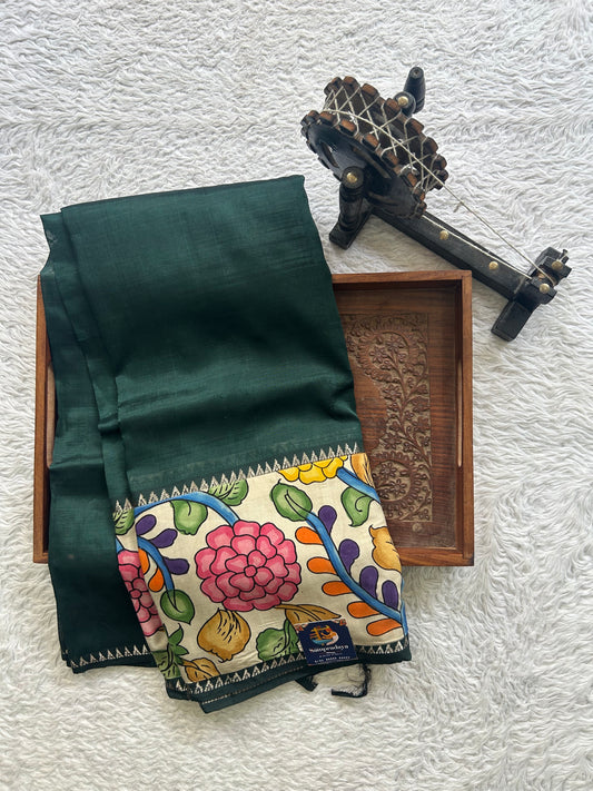 Mangalagiri Pen Kalamkari Saree Dark Green colored complemented with a Zari border. - Sampradaya Designer Studio