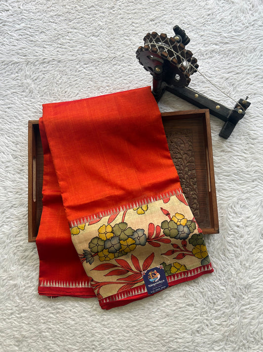 Mangalagiri Pen Kalamkari Saree Orange colored complemented with a Zari border. - Sampradaya Designer Studio