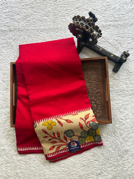 Mangalagiri Pen Kalamkari Saree Red colored complemented with a Zari border. - Sampradaya Designer Studio