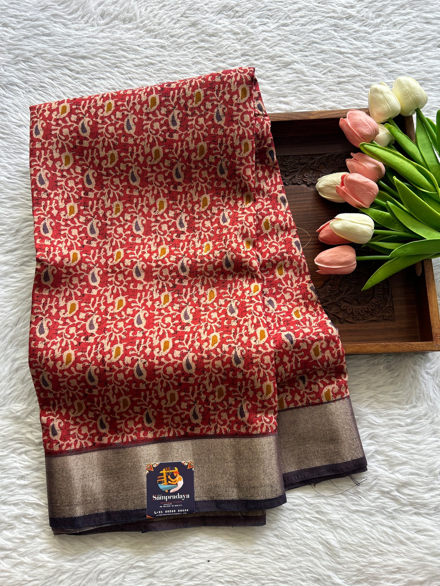 Dola Crepe Saree Red Colored Complemented with a Zari Border. - Sampradaya Designer Studio